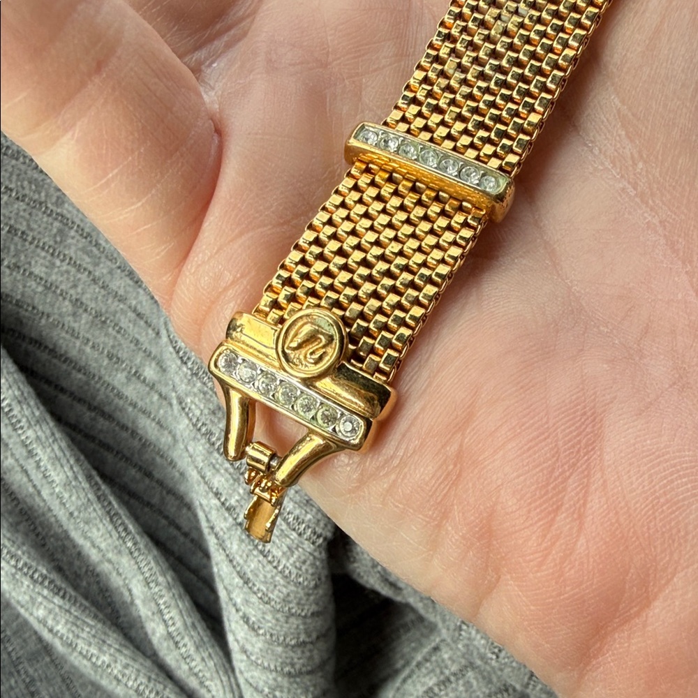 Swarovski gold metal mesh bracelet, white pave crystals, 7"L, Swan Mark - Picture 7 of 10